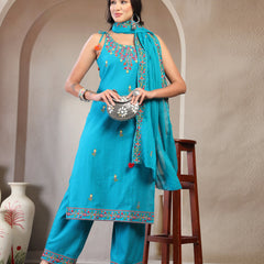 Women Turquiose Blue Embroidered Pure Cotton Round Neck Straight Kurta & Trousers With Dupatta