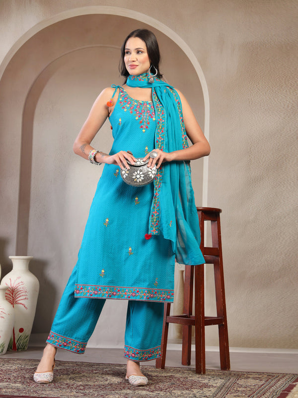 Women Turquiose Blue Embroidered Pure Cotton Round Neck Straight Kurta & Trousers With Dupatta