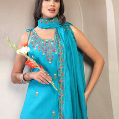 Women Turquiose Blue Embroidered Pure Cotton Round Neck Straight Kurta & Trousers With Dupatta