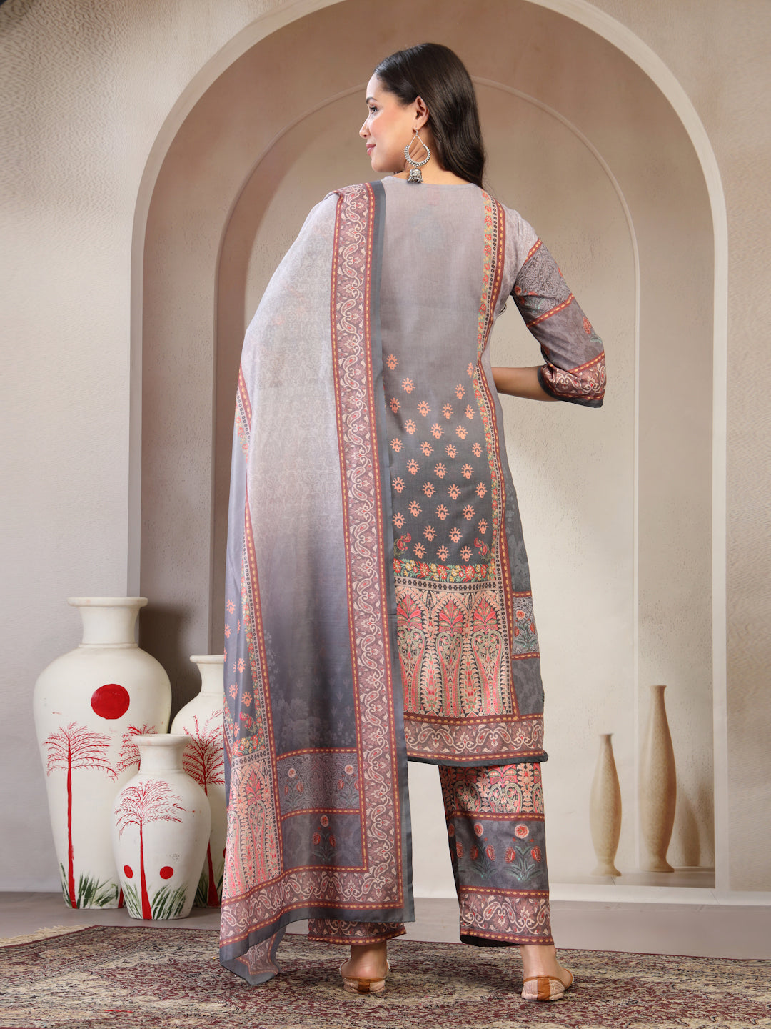 Women Printed Keyhole Neck Kurta & Trousers with Dupatta Set