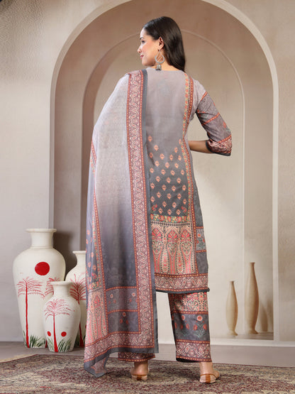 Women Printed Keyhole Neck Kurta & Trousers with Dupatta Set