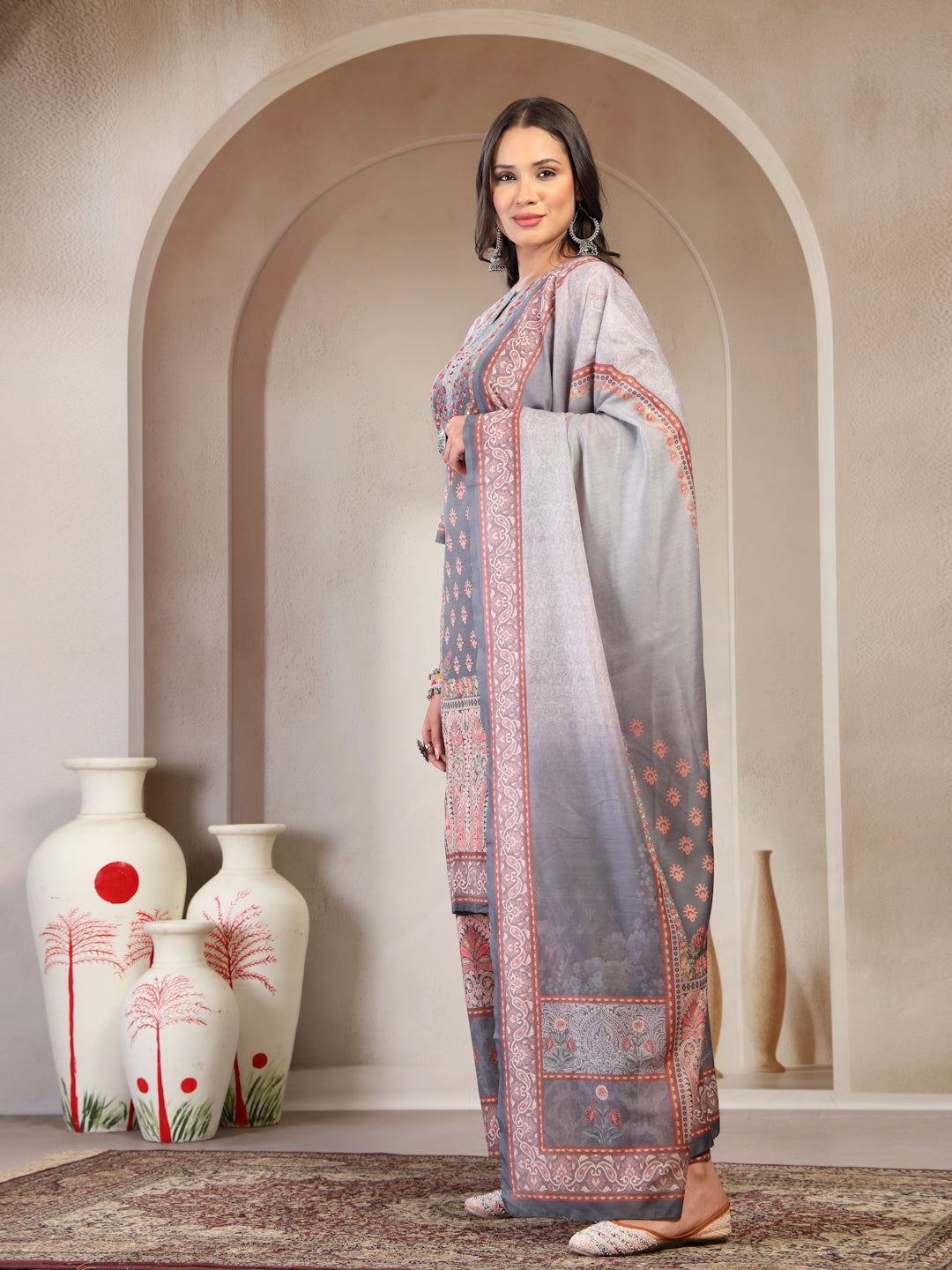 Women Printed Keyhole Neck Kurta & Trousers with Dupatta Set