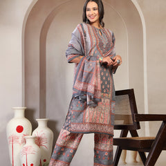 Women Printed Keyhole Neck Kurta & Trousers with Dupatta Set