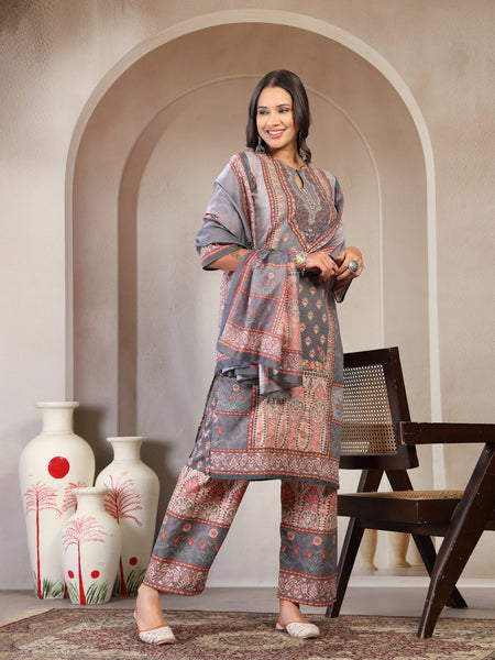 Women Printed Keyhole Neck Kurta & Trousers with Dupatta Set