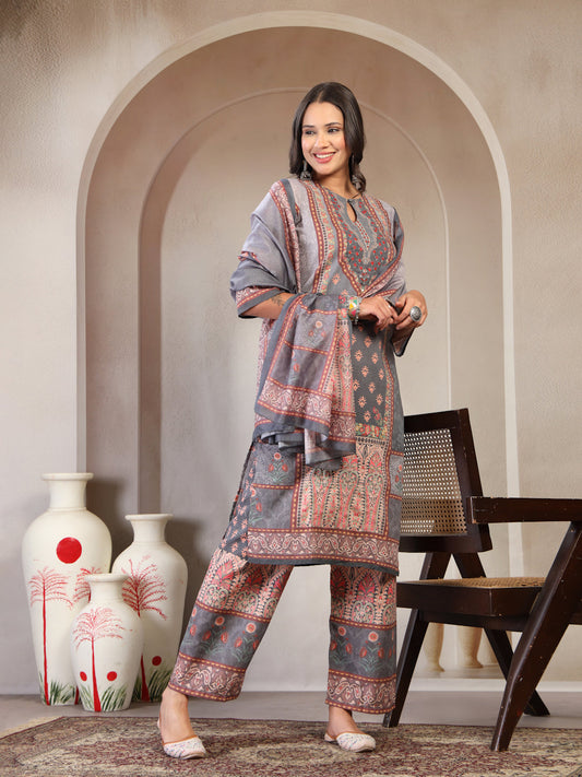 Women Printed Keyhole Neck Kurta & Trousers with Dupatta Set