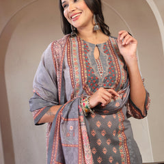 Women Printed Keyhole Neck Kurta & Trousers with Dupatta Set