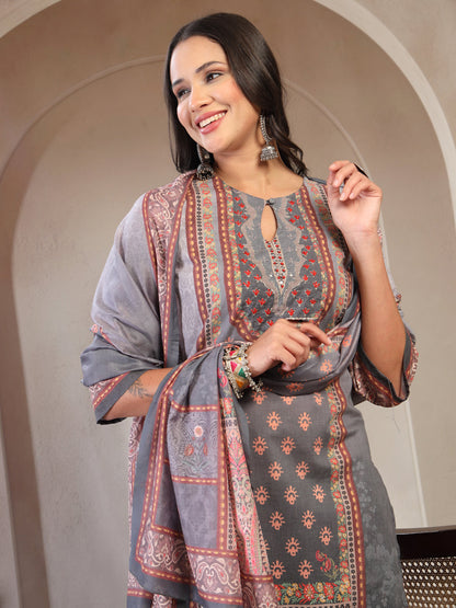 Women Printed Keyhole Neck Kurta & Trousers with Dupatta Set