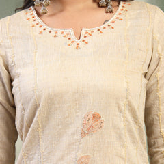 Women Beige Color Orange Embroidered Kurta & Trousers with Dupatta Set
