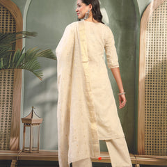 Women Beige Color Orange Embroidered Kurta & Trousers with Dupatta Set