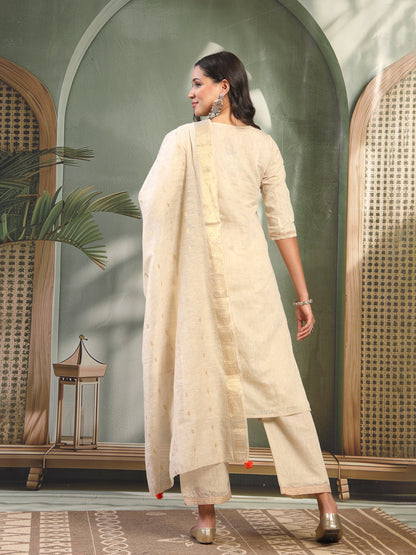 Women Beige Color Orange Embroidered Kurta & Trousers with Dupatta Set