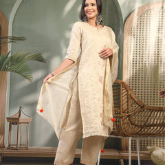 Women Beige Color Orange Embroidered Kurta & Trousers with Dupatta Set