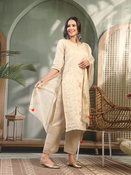 Women Beige Color Orange Embroidered Kurta & Trousers with Dupatta Set