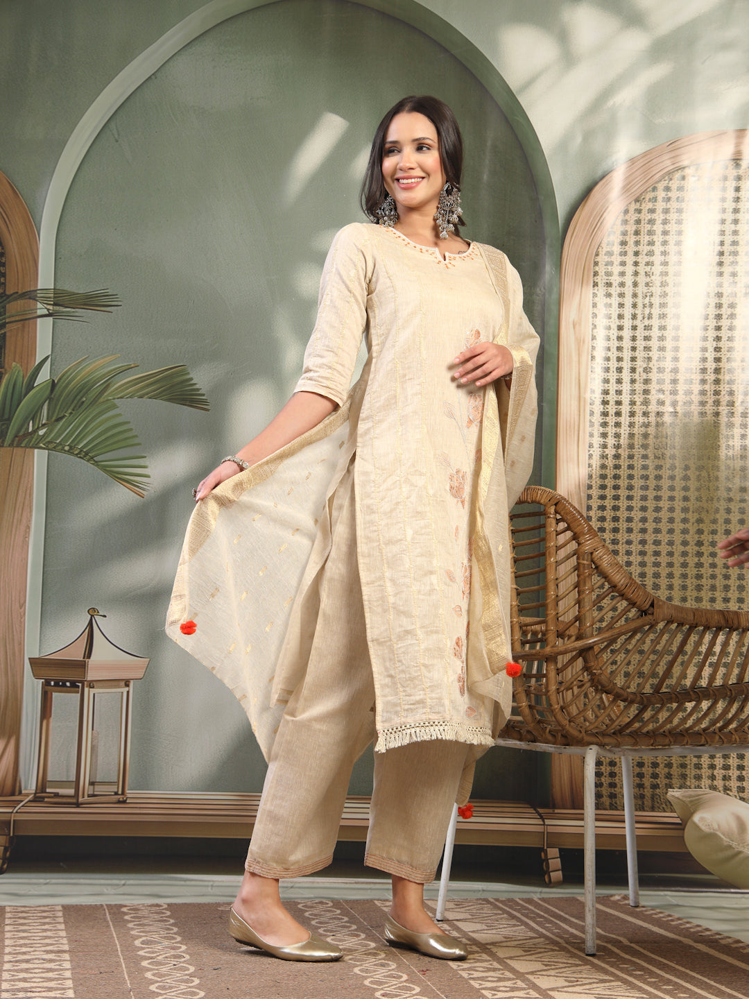Women Beige Color Orange Embroidered Kurta & Trousers with Dupatta Set