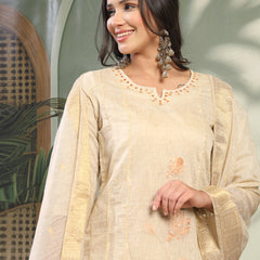 Women Beige Color Orange Embroidered Kurta & Trousers with Dupatta Set