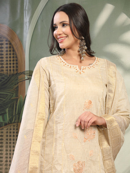 Women Beige Color Orange Embroidered Kurta & Trousers with Dupatta Set