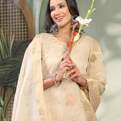 Women Beige Color Orange Embroidered Kurta & Trousers with Dupatta Set