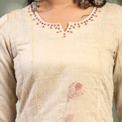 Women Beige Embroidered Notched Neck Kurta & Trousers with Dupatta Set