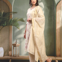 Women Beige Embroidered Notched Neck Kurta & Trousers with Dupatta Set