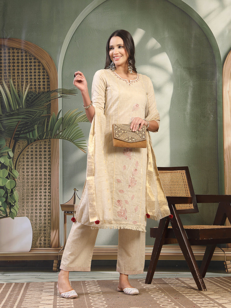 Women Beige Embroidered Notched Neck Kurta & Trousers with Dupatta Set