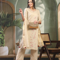 Women Beige Embroidered Notched Neck Kurta & Trousers with Dupatta Set