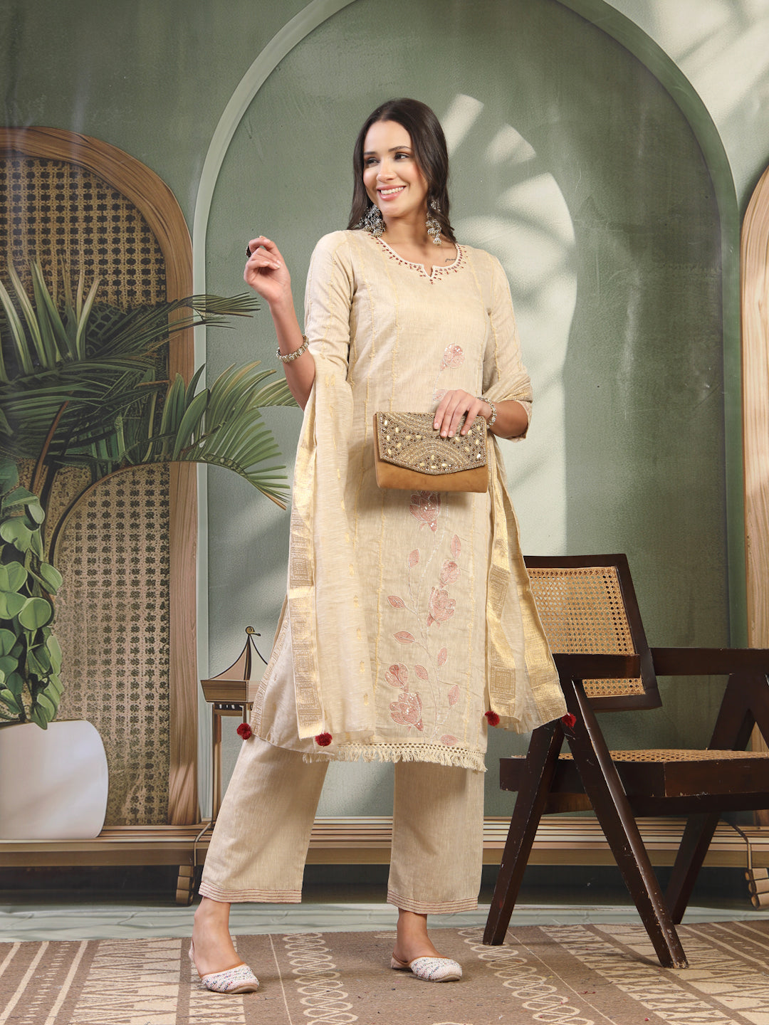Women Beige Embroidered Notched Neck Kurta & Trousers with Dupatta Set