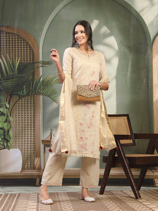 Women Beige Embroidered Notched Neck Kurta & Trousers with Dupatta Set