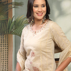 Women Beige Embroidered Notched Neck Kurta & Trousers with Dupatta Set