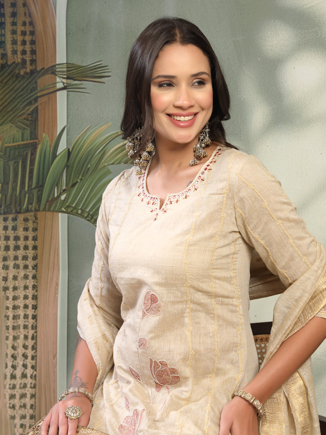 Women Beige Embroidered Notched Neck Kurta & Trousers with Dupatta Set
