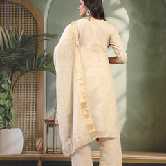 Women Beige Embroidered Notched Neck Kurta & Trousers with Dupatta Set