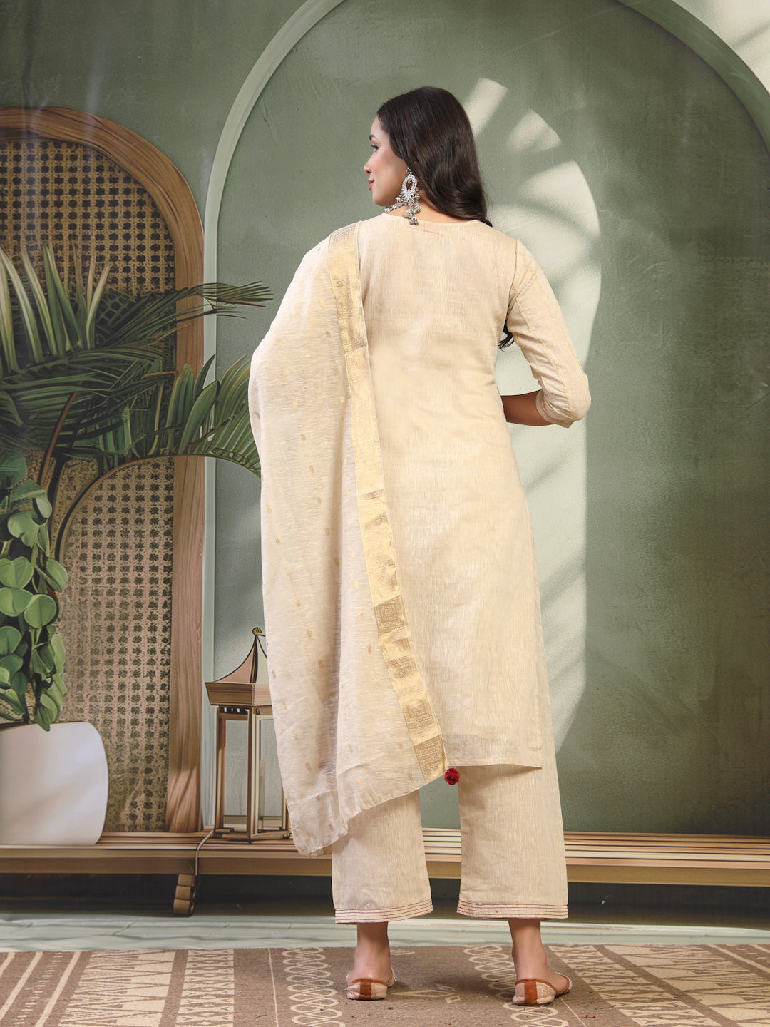 Women Beige Embroidered Notched Neck Kurta & Trousers with Dupatta Set