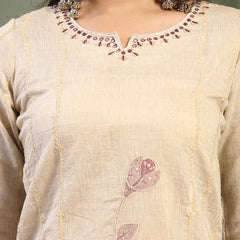 Women Beige Embroidered Kurta & Trousers with Dupatta Set
