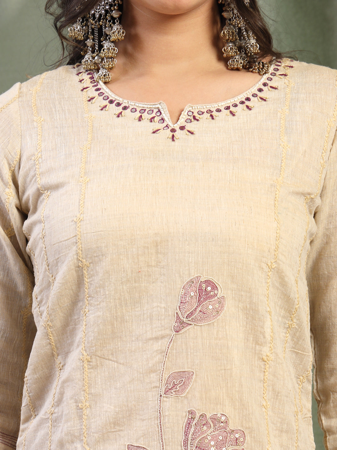 Women Beige Embroidered Kurta & Trousers with Dupatta Set