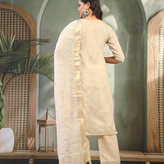 Women Beige Embroidered Kurta & Trousers with Dupatta Set