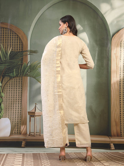 Women Beige Embroidered Kurta & Trousers with Dupatta Set