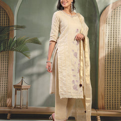 Women Beige Embroidered Kurta & Trousers with Dupatta Set