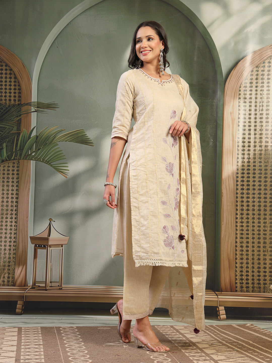 Women Beige Embroidered Kurta & Trousers with Dupatta Set