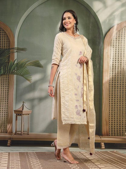 Women Beige Embroidered Kurta & Trousers with Dupatta Set