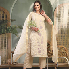 Women Beige Embroidered Kurta & Trousers with Dupatta Set