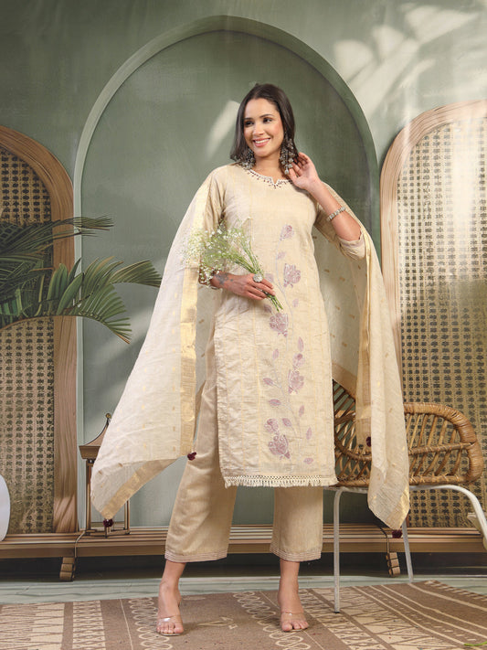Women Beige Embroidered Kurta & Trousers with Dupatta Set