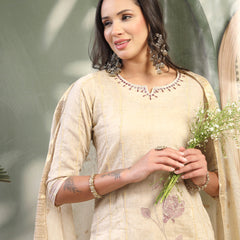 Women Beige Embroidered Kurta & Trousers with Dupatta Set