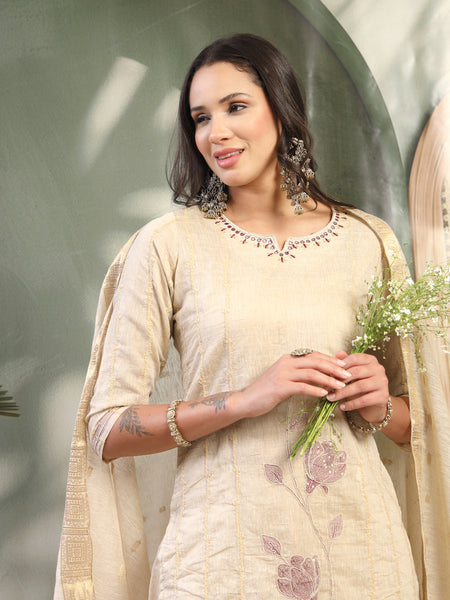 Women Beige Embroidered Kurta & Trousers with Dupatta Set
