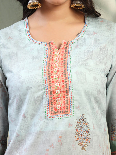 Women Turquiose Blue Printed Kurta & Trousers with Dupatta Set