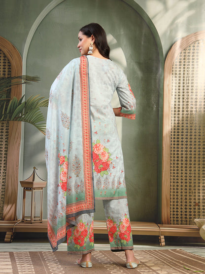 Women Turquiose Blue Printed Kurta & Trousers with Dupatta Set