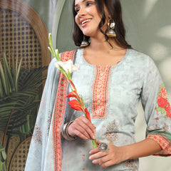 Women Turquiose Blue Printed Kurta & Trousers with Dupatta Set