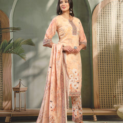 Women Peach Printed with Sequin Embroidered Kurta & Trousers with Dupatta Set