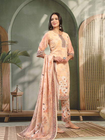 Women Peach Printed with Sequin Embroidered Kurta & Trousers with Dupatta Set
