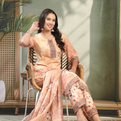 Women Peach Printed with Sequin Embroidered Kurta & Trousers with Dupatta Set