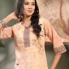 Women Peach Printed with Sequin Embroidered Kurta & Trousers with Dupatta Set