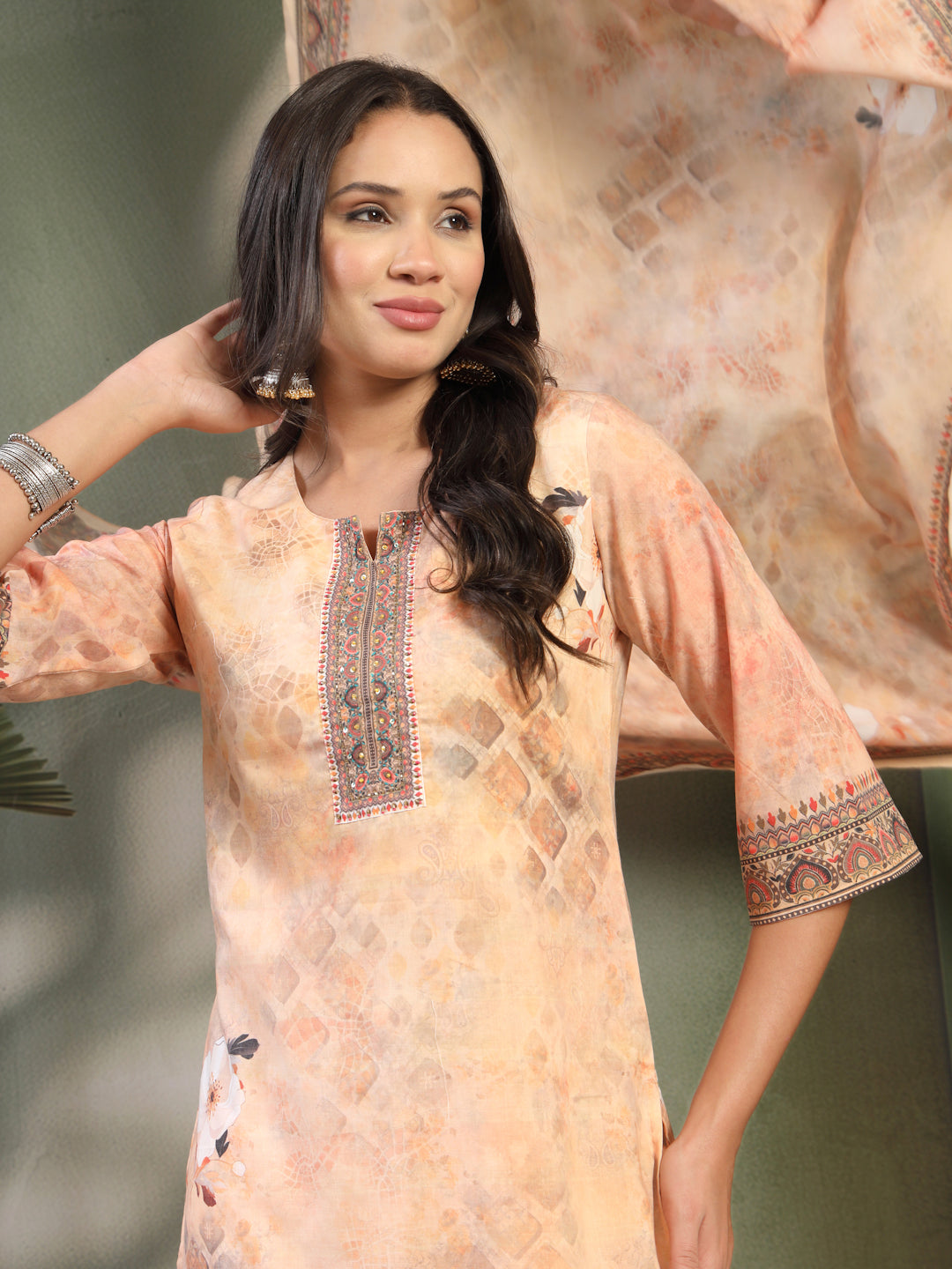 Women Peach Printed with Sequin Embroidered Kurta & Trousers with Dupatta Set