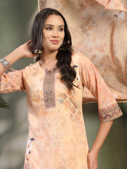Women Peach Printed with Sequin Embroidered Kurta & Trousers with Dupatta Set